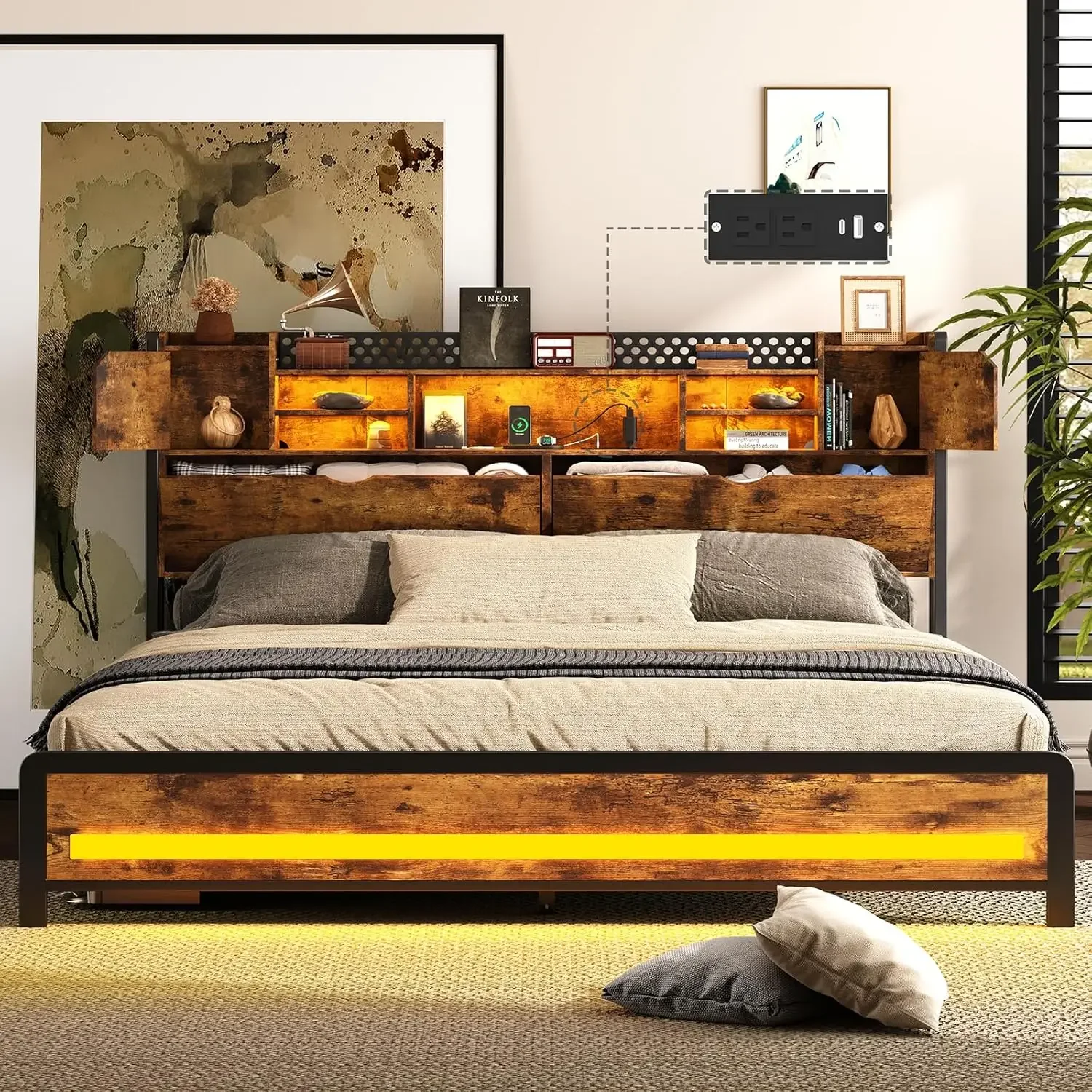 Bed Frame with Charging Station, RGB LED Lights, 3 Tier Storage headboard with Hidden Storage Space, Heavy Duty Steel slated
Bed Frame with Charging Station, RGB LED Lights, 3 Tier Storage headboard with Hidden Storage Space, Heavy Duty Steel slated