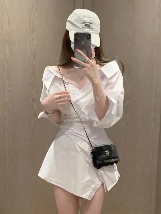 Sexy Spicy Girl Pure Desire Style Shoulder Bared Shirt Dress Women's Slim Fit Fashionable Short Skirt Dress Summer New Arrival
Sexy Spicy Girl Pure Desire Style Shoulder Bared Shirt Dress Women's Slim Fit Fashionable Short Skirt Dress Summer New Arrival