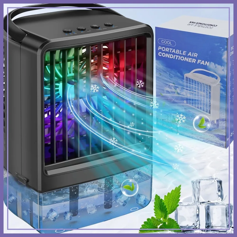 Portable Air Conditioner Fan, Personal Mini AC with Handle, 2/4H Timer, 3 Speeds, 7 Color Lights for Home Office
Portable Air Conditioner Fan, Personal Mini AC with Handle, 2/4H Timer, 3 Speeds, 7 Color Lights for Home Office