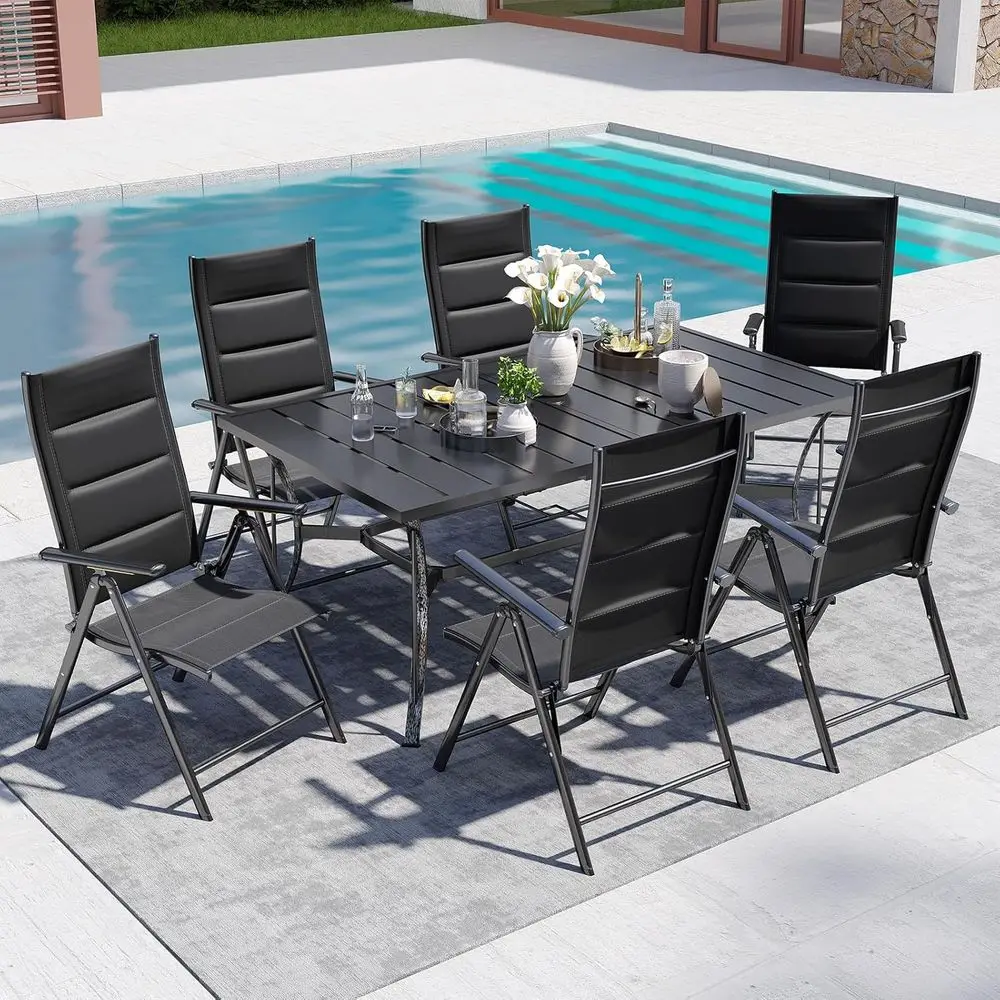 7-Piece Outdoor Dining Set: 6 Cushioned Aluminum Chairs & Adjustable Steel Table with Umbrella Hole
7-Piece Outdoor Dining Set: 6 Cushioned Aluminum Chairs & Adjustable Steel Table with Umbrella Hole