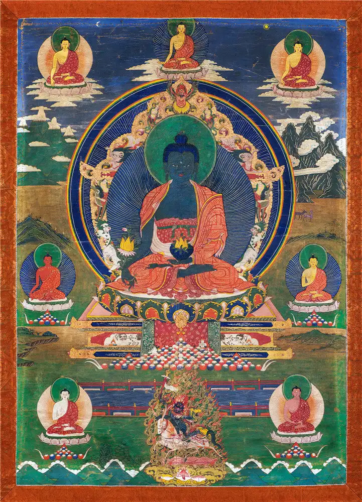 Bhaisajyaguku Thangka - Eight медицинские Будды, Gandhanra тибетское искусство, печать Жикле и ручная оправа, 47 × 32 дюйма
Bhaisajyaguku Thangka - Eight медицинские Будды, Gandhanra тибетское искусство, печать Жикле и ручная оправа, 47 × 32 дюйма