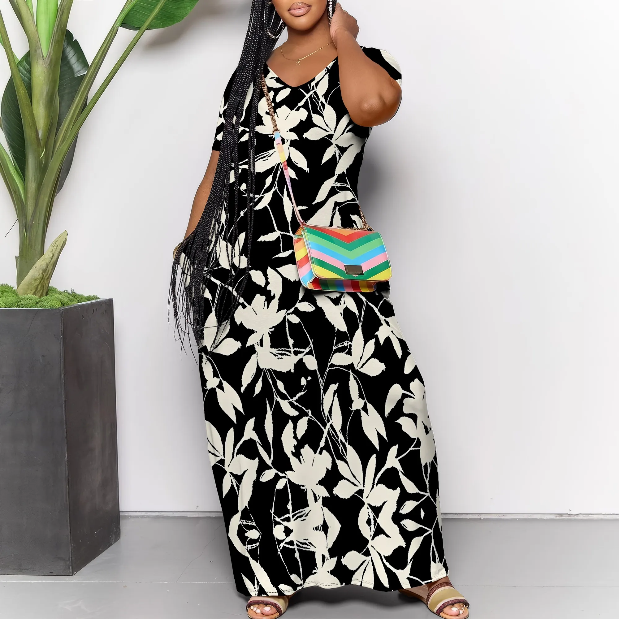 Plus Size Black Beige Leaf Print Maxi Dress Summer Boho Casual Loose Sundress With Pockets For Women
Plus Size Black Beige Leaf Print Maxi Dress Summer Boho Casual Loose Sundress With Pockets For Women