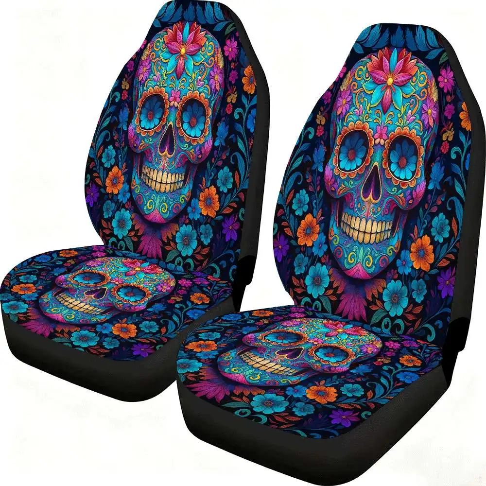 2pcs Sugar Skull Floral Car Seat Covers - Vibrant Mexican Folk Art Design With Skulls & Flowers, High-Back Polyester Material, F
2pcs Sugar Skull Floral Car Seat Covers - Vibrant Mexican Folk Art Design With Skulls & Flowers, High-Back Polyester Material, F