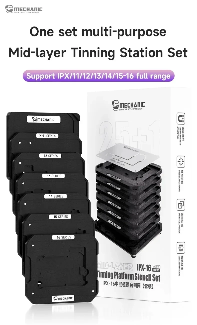 Mechanic Mid-level Tin Planting Table Steel Mesh Set for IPHONE X-16PM Motherboard BGA CPU Stencil Magnetic Positioning Fixture
Mechanic Mid-level Tin Planting Table Steel Mesh Set for IPHONE X-16PM Motherboard BGA CPU Stencil Magnetic Positioning Fixture