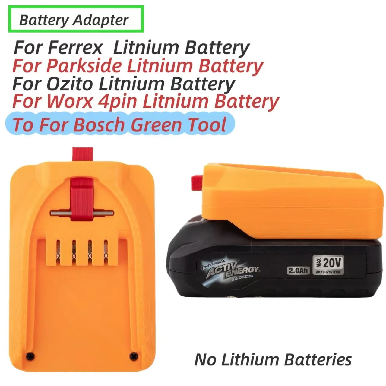 Battery Adapter For Aldi Ferrex Activ Energy / Parkside / Ozito / Worx 4pin Lithium to Bosch (Green) Tools (Converter Only)
Battery Adapter For Aldi Ferrex Activ Energy / Parkside / Ozito / Worx 4pin Lithium to Bosch (Green) Tools (Converter Only)