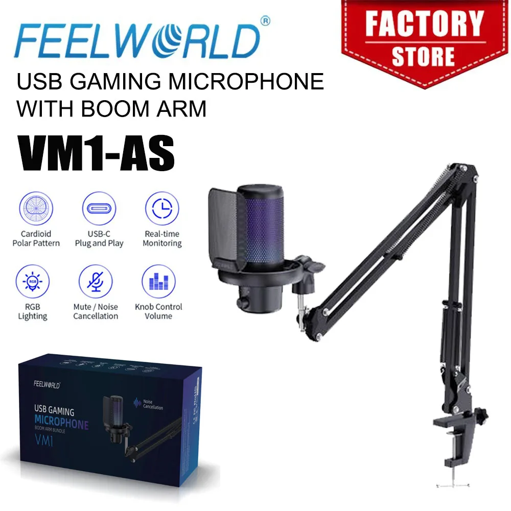 FEELWORLD VM1-AS USB Condenser Gaming Microphone for Streaming Noise Cancellation Mute RGB Light Boom Arm Stand
FEELWORLD VM1-AS USB Condenser Gaming Microphone for Streaming Noise Cancellation Mute RGB Light Boom Arm Stand