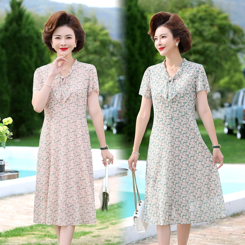 Women Summer Casual Bow collar Dress Ladies Middle-aged Print Short Sleeve Pleated Dresses Female Vintage Vestidos
Women Summer Casual Bow collar Dress Ladies Middle-aged Print Short Sleeve Pleated Dresses Female Vintage Vestidos