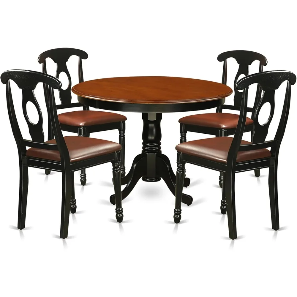 5 Piece Kitchen Table & Chairs Set Includes a Round Dining Room Table with Pedestal and 4 Faux Leather Upholstered Dining Chairs
5 Piece Kitchen Table & Chairs Set Includes a Round Dining Room Table with Pedestal and 4 Faux Leather Upholstered Dining Chairs
