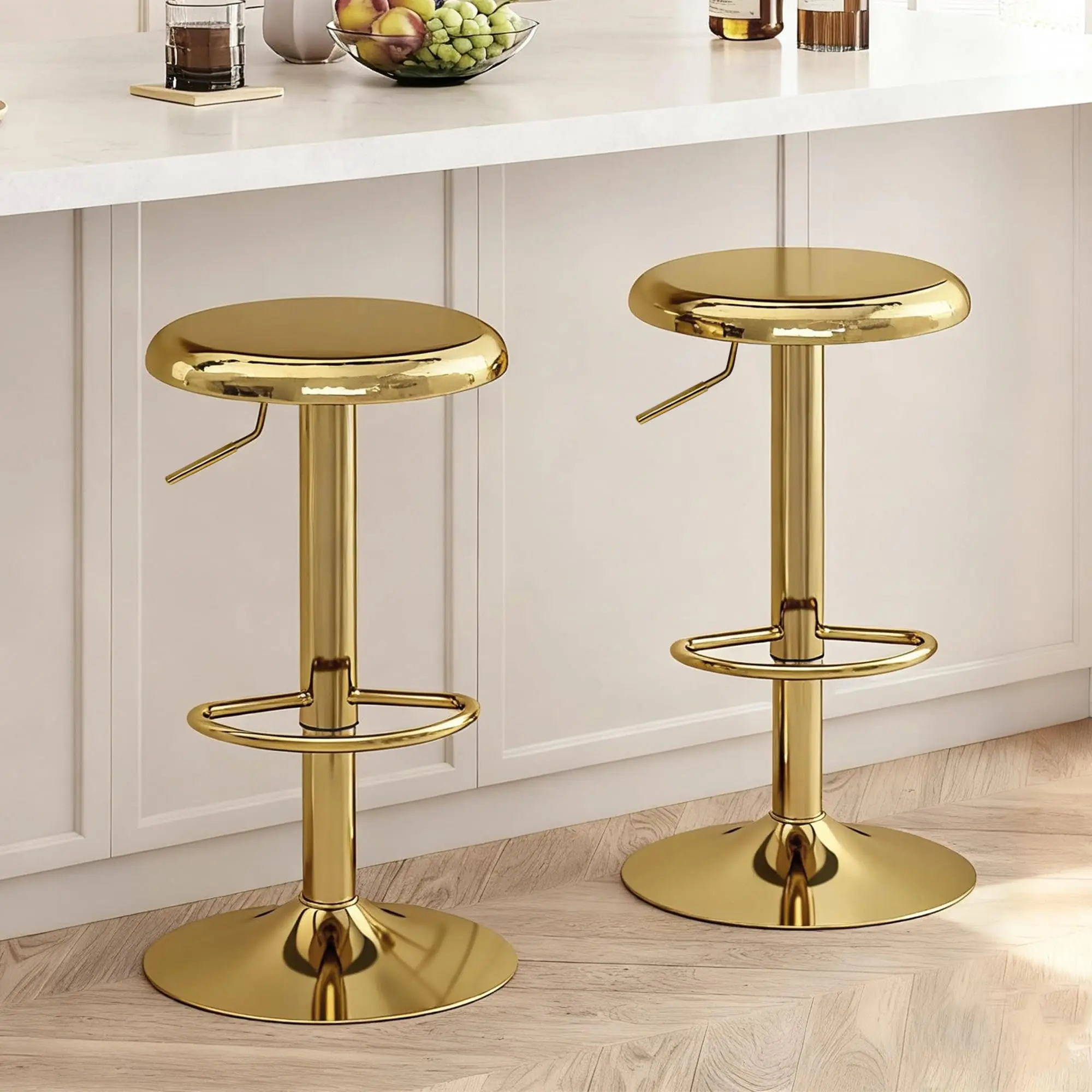 Two Adjustable Gold-Tone Metal Swivel Bar Stools With Footrest For Kitchen Counter Or Pub
Two Adjustable Gold-Tone Metal Swivel Bar Stools With Footrest For Kitchen Counter Or Pub