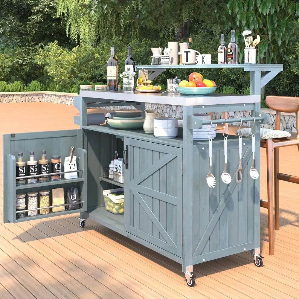 Stainless Steel Top Outdoor Kitchen Island, Solid Wood Grill Table with Storage and Shelving, 53.3 Rolling Cabinet in Grey Blue
Stainless Steel Top Outdoor Kitchen Island, Solid Wood Grill Table with Storage and Shelving, 53.3 Rolling Cabinet in Grey Blue