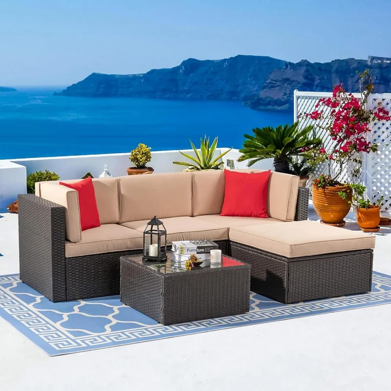 5 Piece PE Rattan Patio Furniture Set, All-Weather Outdoor Sectional Sofa with Ottoman, Wicker Conversation Couch with Glass Cof
5 Piece PE Rattan Patio Furniture Set, All-Weather Outdoor Sectional Sofa with Ottoman, Wicker Conversation Couch with Glass Cof