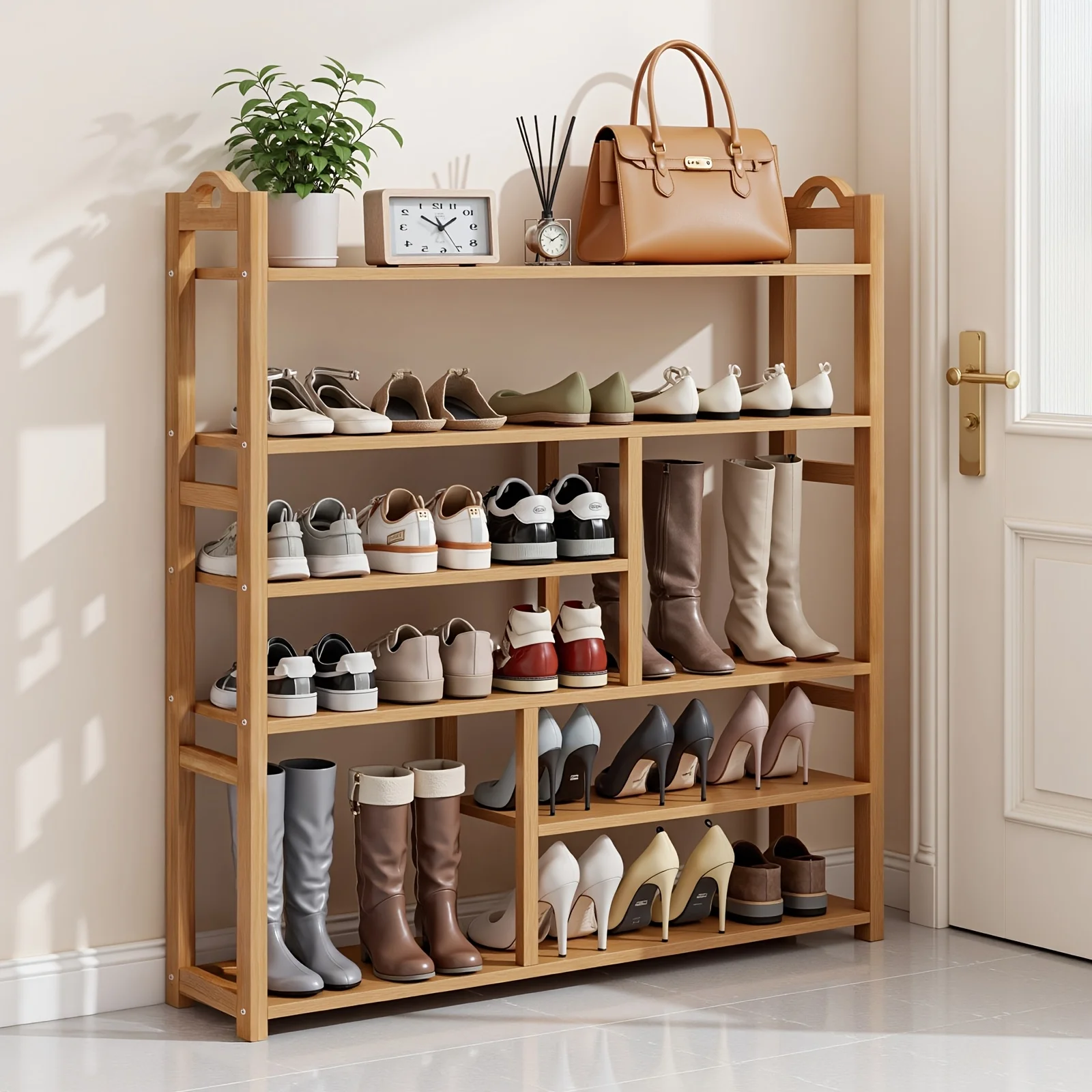 6-Tier Bamboo Shoe Rack – 40-Inch Long Shelves Fit 4–5 Pairs per Tier, Built-In Carry Handle, Versatile Use as Shoe Organizer, Small Item Shelf, or Plant Display Stand; Includes 2 Dedicated Boot Slots; Compact Design for Entryway, Closet, or Living Space
6-Tier Bamboo Shoe Rack – 40-Inch Long Shelves Fit 4–5 Pairs per Tier, Built-In Carry Handle, Versatile Use as Shoe Organizer, Small Item Shelf, or Plant Display Stand; Includes 2 Dedicated Boot Slots; Compact Design for Entryway, Closet, or Living Space