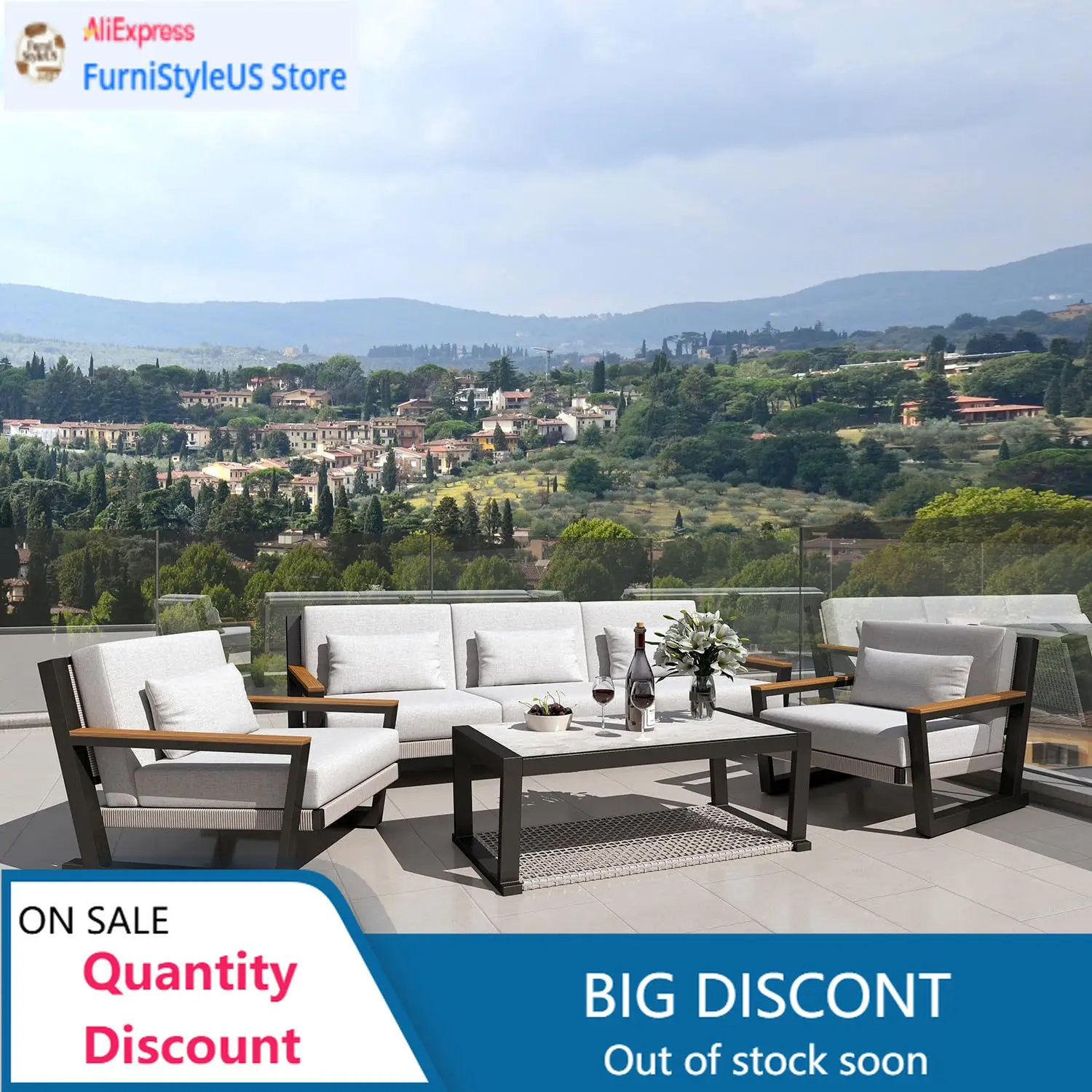 ModernAluminum Outdoor Patio Furniture Set 5 Seat, Patio Conversation Set with Durable Mesh Rope Weaving, Wide Armrests and Seat
ModernAluminum Outdoor Patio Furniture Set 5 Seat, Patio Conversation Set with Durable Mesh Rope Weaving, Wide Armrests and Seat