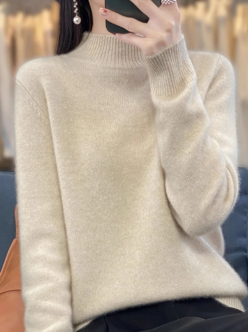 Loose Long Sleeve Women's Knitted Wool Sweater Half High Collar Autumn Winter Casual Inner Wear Medium Neck Wool Knit Base Shirt
Loose Long Sleeve Women's Knitted Wool Sweater Half High Collar Autumn Winter Casual Inner Wear Medium Neck Wool Knit Base Shirt