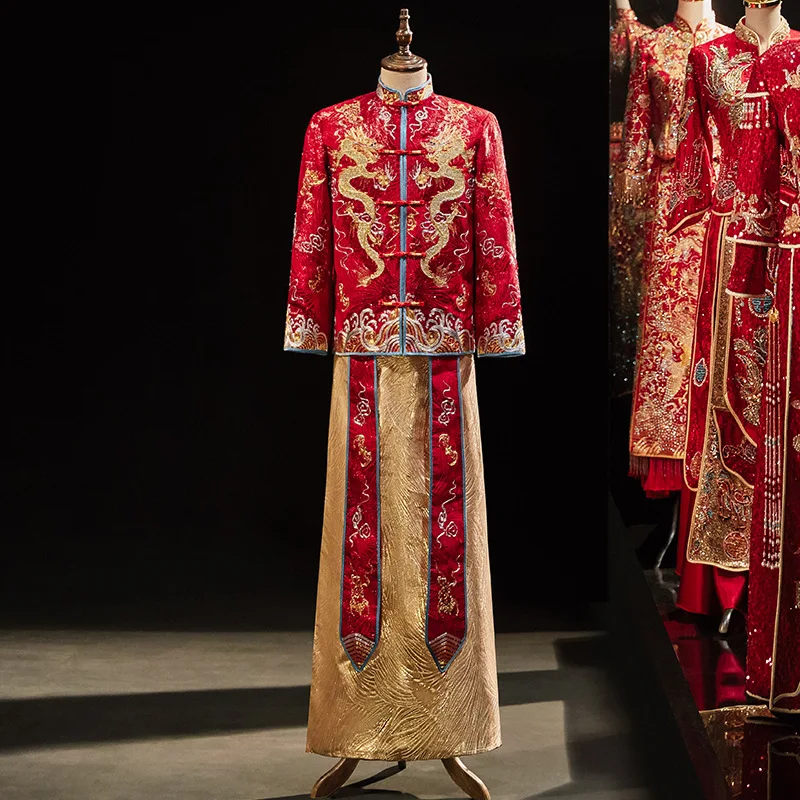 Retro Chinese Man Style Oriental Dragon Embroidery Wedding Dress Traditional Cheongsam Vintage Red Formal Sequins Qipao
Retro Chinese Man Style Oriental Dragon Embroidery Wedding Dress Traditional Cheongsam Vintage Red Formal Sequins Qipao