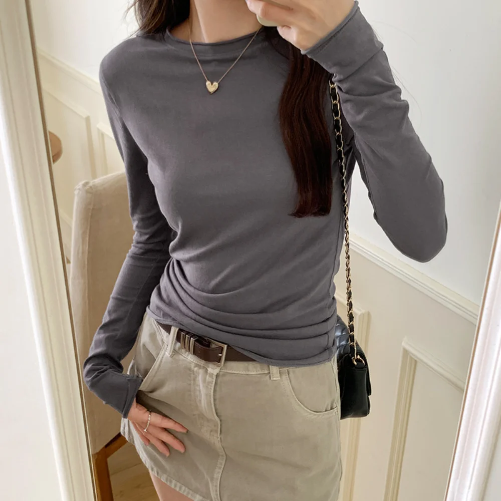 Футболки с круглым вырезом, женские корейские повседневные уличные футболки высокого качества, весенне-осенние футболки, женские топы, однотонные, с длинными рукавами и рюшами
Футболки с круглым вырезом, женские корейские повседневные уличные футболки высокого качества, весенне-осенние футболки, женские топы, однотонные, с длинными рукавами и рюшами