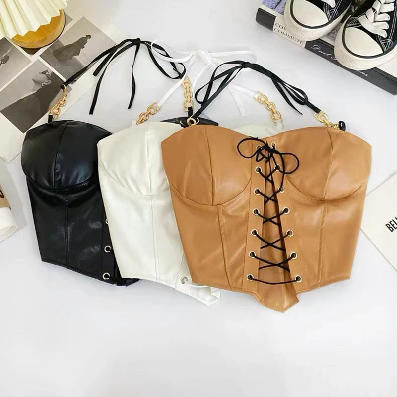 Sexy Slit Pu Leather Halter Onck Camis for Women Y2K Summer Fashion Streetwear Lace Up Tank Korean Chic One Shoulder Tube Top
Sexy Slit Pu Leather Halter Onck Camis for Women Y2K Summer Fashion Streetwear Lace Up Tank Korean Chic One Shoulder Tube Top