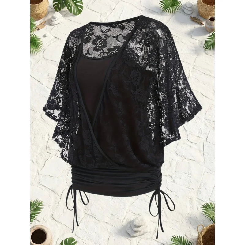 Women's Two-in-One Floral Lace Shirt and Top with Front Hem Drawstring Design and Sleeves Casual
Women's Two-in-One Floral Lace Shirt and Top with Front Hem Drawstring Design and Sleeves Casual