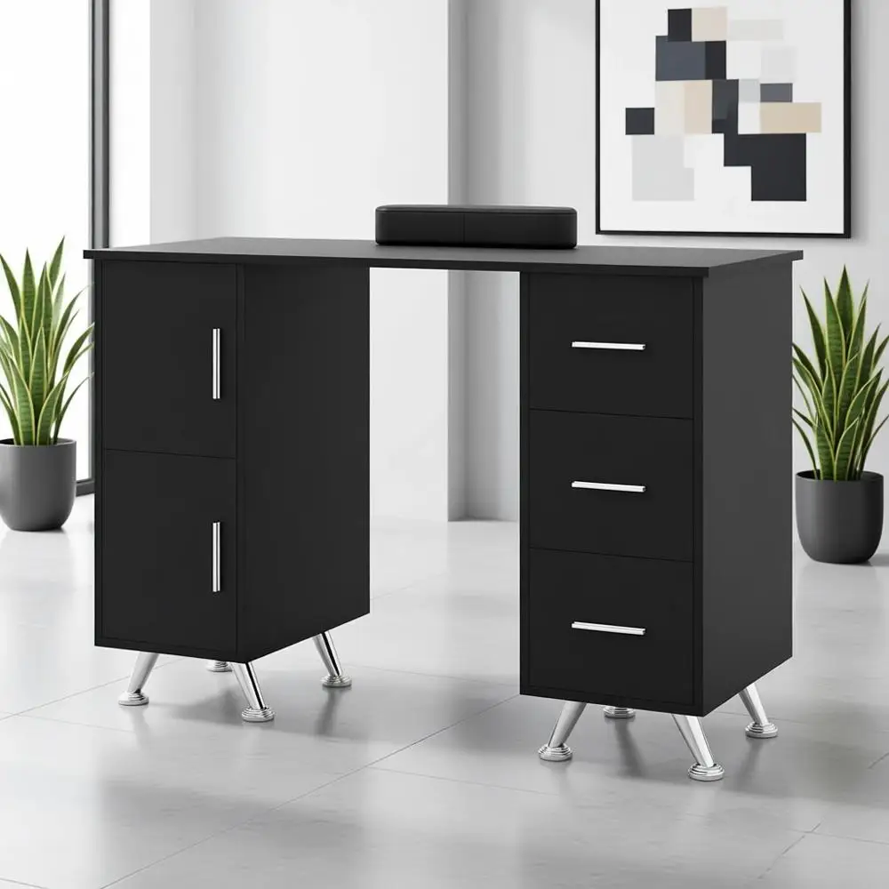 Black Nail Art Workstation with 3 Drawers, 2 Cabinets, Wrist Rest, and Acrylic Resistant Surface for Professional Manicure
Black Nail Art Workstation with 3 Drawers, 2 Cabinets, Wrist Rest, and Acrylic Resistant Surface for Professional Manicure