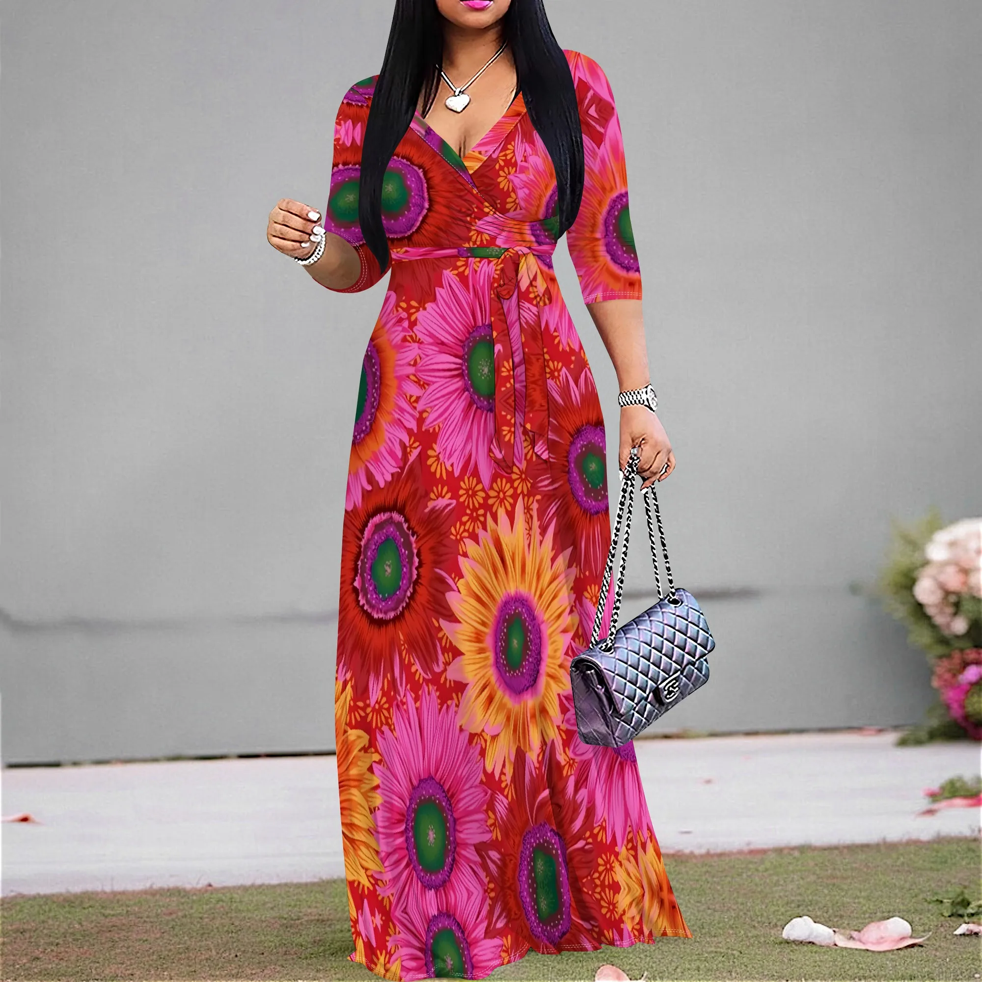 Bright Floral Print Maxi Dress S-3XL V-Neck Wrap Belted 3/4 Sleeve for Spring Festival, Garden Party or Summer Picnic
Bright Floral Print Maxi Dress S-3XL V-Neck Wrap Belted 3/4 Sleeve for Spring Festival, Garden Party or Summer Picnic
