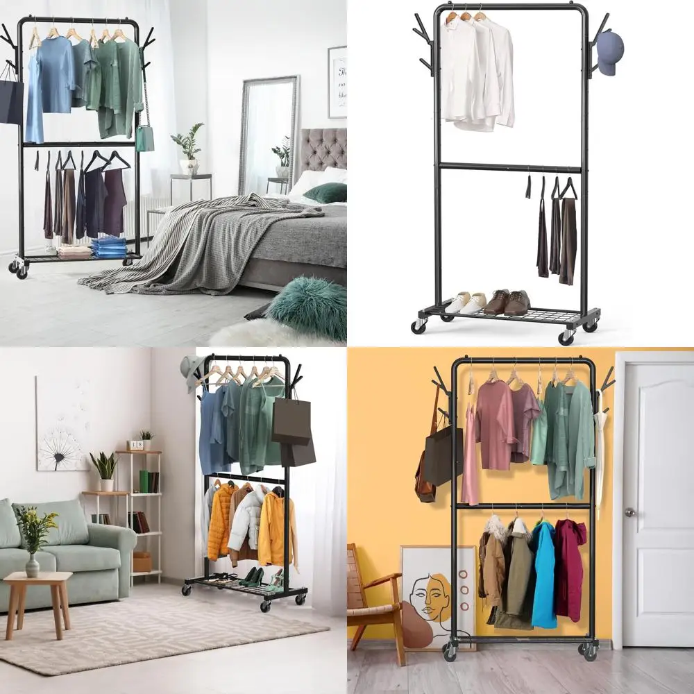 Black Rolling Double-Rod Clothes Rack with Hooks
Black Rolling Double-Rod Clothes Rack with Hooks