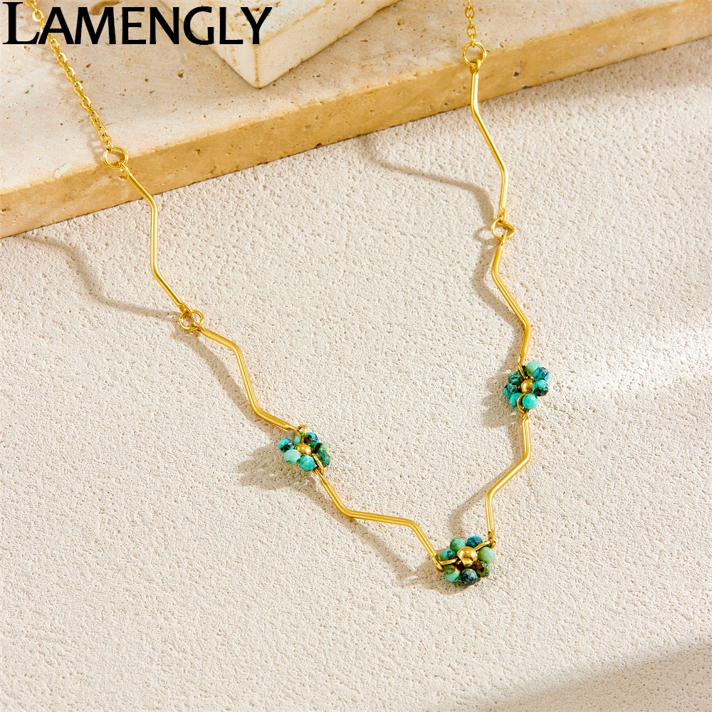 LAMENGLY 316L Stainless Steel Curved Line Chain Turquoise Beads Flower Pendant Necklace Women New Trend Neck Chain Party Gifts
LAMENGLY 316L Stainless Steel Curved Line Chain Turquoise Beads Flower Pendant Necklace Women New Trend Neck Chain Party Gifts