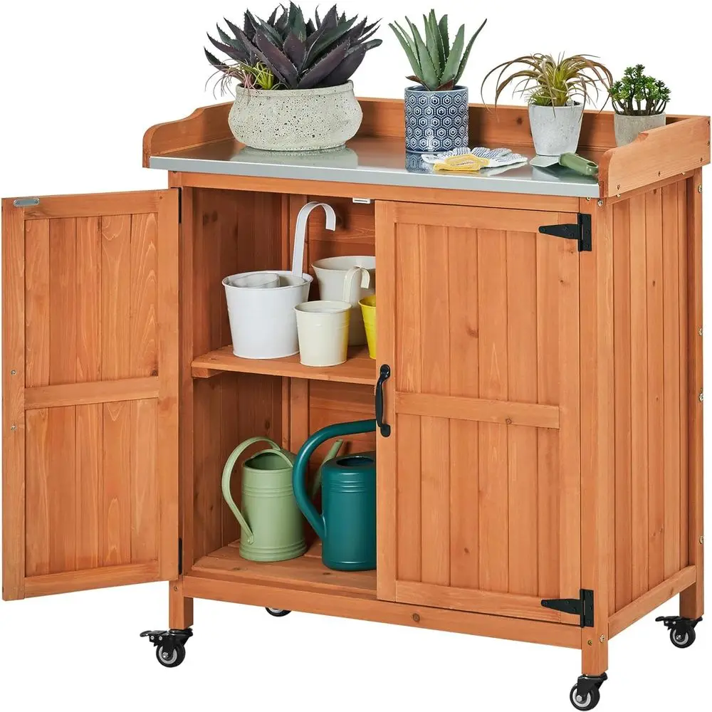 Outdoor Wooden Garden Potting Bench with Storage Cabinet and Metal-Plated Work Surface in Brown
Outdoor Wooden Garden Potting Bench with Storage Cabinet and Metal-Plated Work Surface in Brown