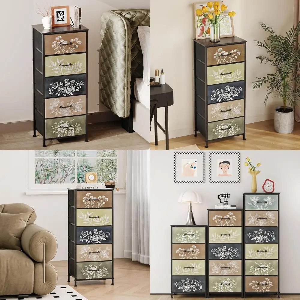 Rustic 5-Drawer Nightstand with Neutral Botanical Fabric for Bedroom Storage
Rustic 5-Drawer Nightstand with Neutral Botanical Fabric for Bedroom Storage