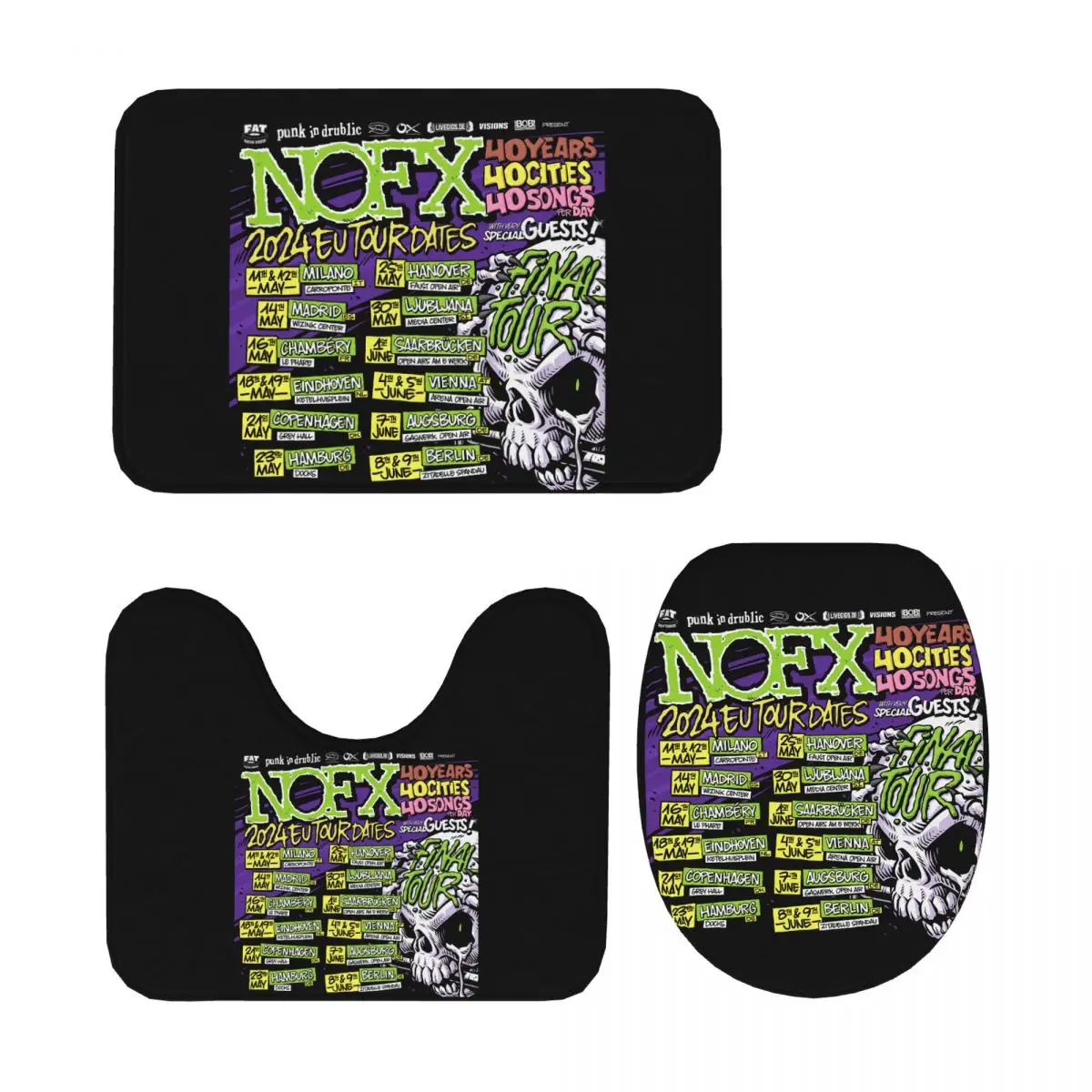 Nofx Band Final Tour Skull 3 шт. Коврик для ванной Набор для ванной комнаты Крышка унитаза Домашний декор Нескользящий ковер Напольный коврик
Nofx Band Final Tour Skull 3 шт. Коврик для ванной Набор для ванной комнаты Крышка унитаза Домашний декор Нескользящий ковер Напольный коврик