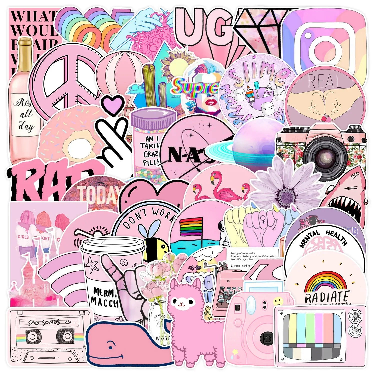 53PCS Waterproof Decal Toys Pink VSCO Cute Girl Stickers Aesthetic Skateboard Laptop Guitar Graffiti Luggage Sticker
53PCS Waterproof Decal Toys Pink VSCO Cute Girl Stickers Aesthetic Skateboard Laptop Guitar Graffiti Luggage Sticker