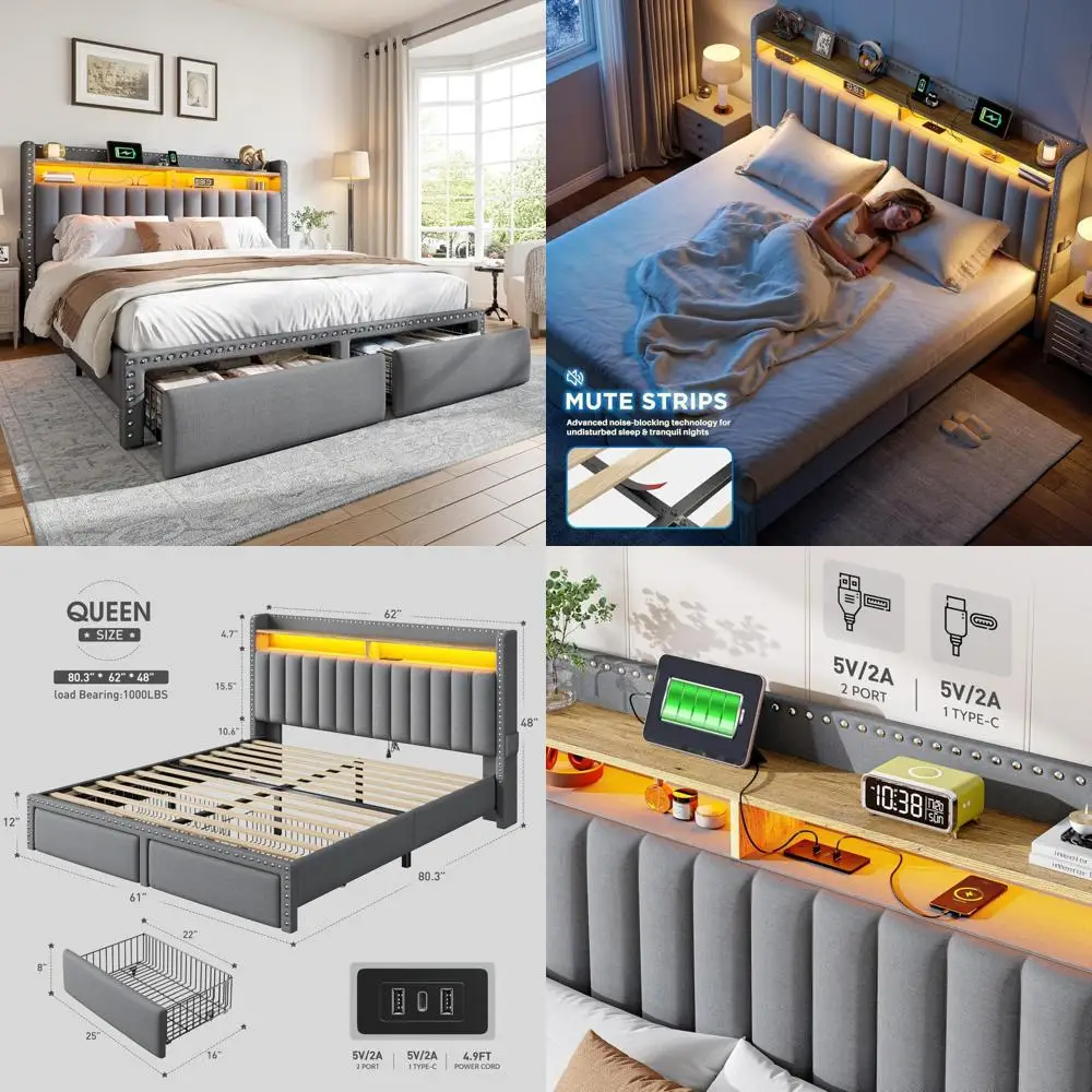 Upholstered Queen Size Bed Frame with Storage Drawers, LED Lighting, and Charging Station
Upholstered Queen Size Bed Frame with Storage Drawers, LED Lighting, and Charging Station