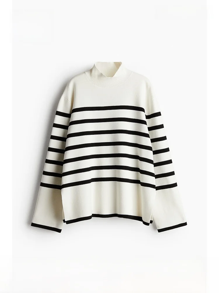 H&M Women's Casual High Neck Long Sleeve Knitted Sweater Striped Straight Cut Summer Top Comfortable Breathable Regular Fit
H&M Women's Casual High Neck Long Sleeve Knitted Sweater Striped Straight Cut Summer Top Comfortable Breathable Regular Fit