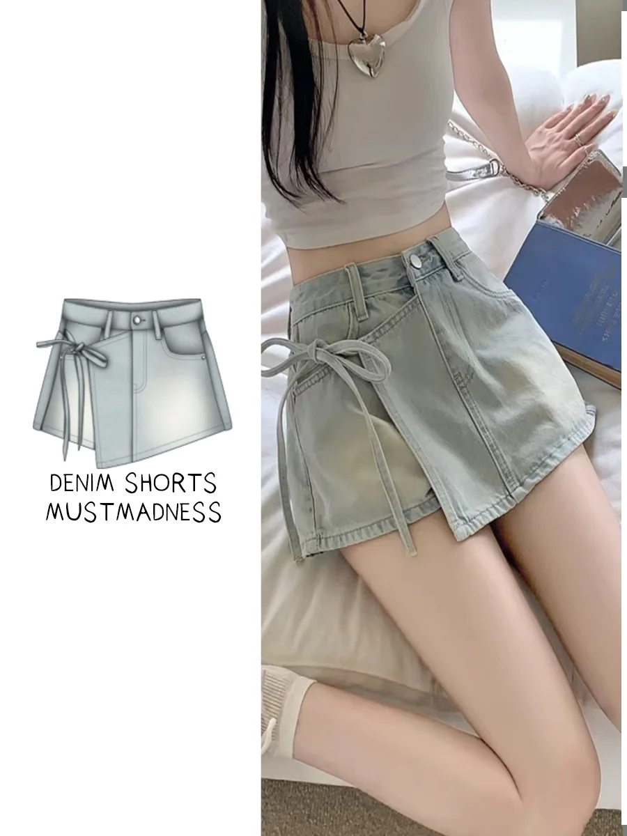 Summer Denim Shorts Women's High Waist A-Line Skirt Pants Distressed Tied Uneven Length Hot Girl Small Size Fashionable
Summer Denim Shorts Women's High Waist A-Line Skirt Pants Distressed Tied Uneven Length Hot Girl Small Size Fashionable
