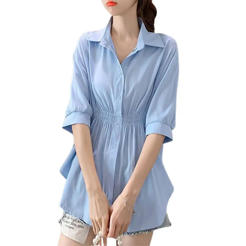 Women Summer Shirt Lapel Half Sleeve Mid-length Shirt Elastic Waist Single Breasted Solid Color Office Lady Shirt
Women Summer Shirt Lapel Half Sleeve Mid-length Shirt Elastic Waist Single Breasted Solid Color Office Lady Shirt