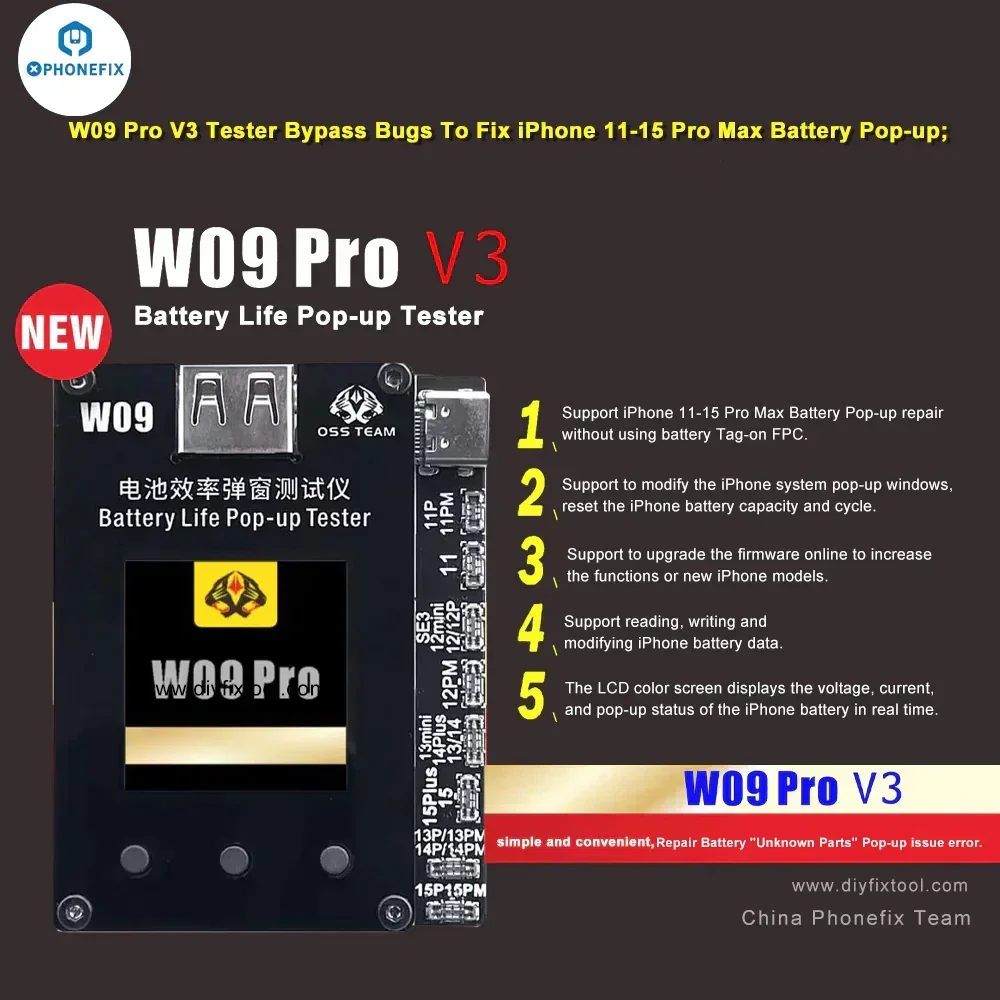 W09 Pro Battery Health Repair Tester for iPhone 11 to 15PM Battery Unkown Parts Repair No FPC Cable Needed Battery Bug-Pass Tool
W09 Pro Battery Health Repair Tester for iPhone 11 to 15PM Battery Unkown Parts Repair No FPC Cable Needed Battery Bug-Pass Tool