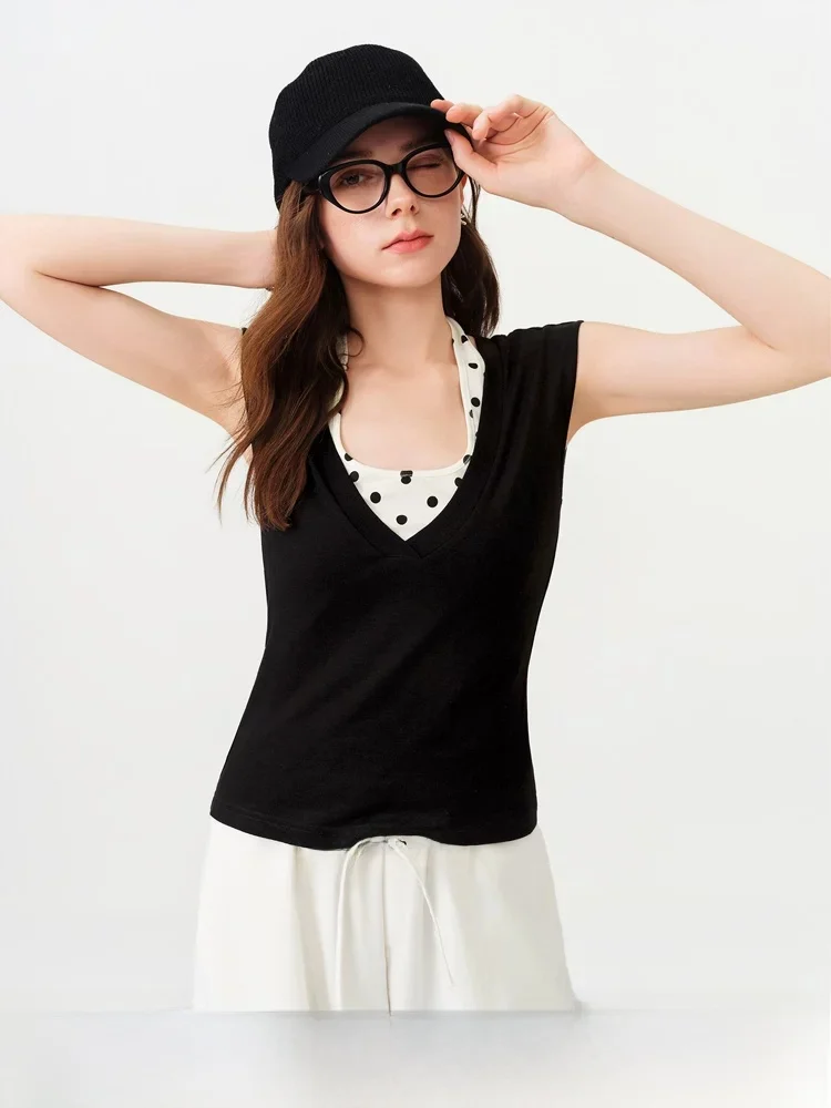 Slimming Polka Dot Neck Hanging T-Shirt Women's Summer New Style V-neck Sleeveless Bodycon Top Fashion Commute Style
Slimming Polka Dot Neck Hanging T-Shirt Women's Summer New Style V-neck Sleeveless Bodycon Top Fashion Commute Style