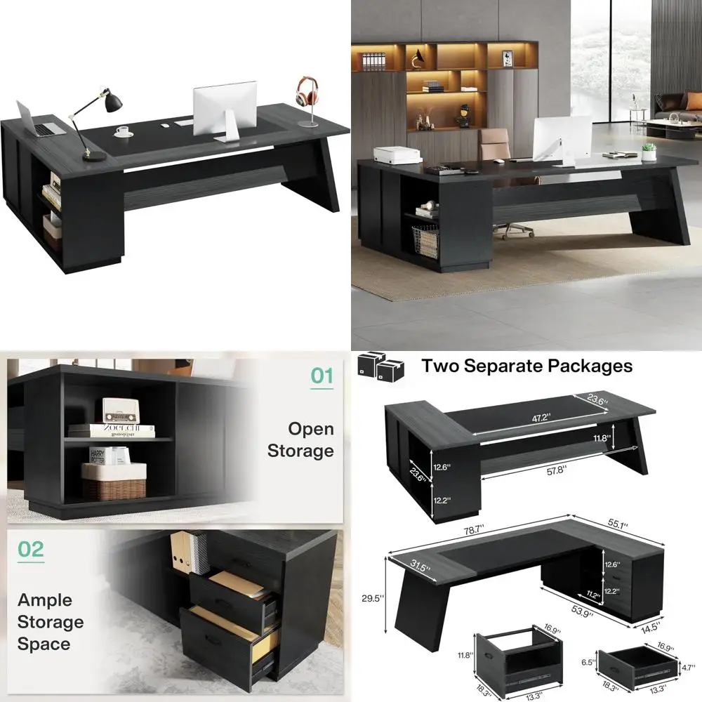 Большой угловой офисный стол L-образной формы серого и черного цвета с тумбами и полками для рабочих мест руководителей
Большой угловой офисный стол L-образной формы серого и черного цвета с тумбами и полками для рабочих мест руководителей