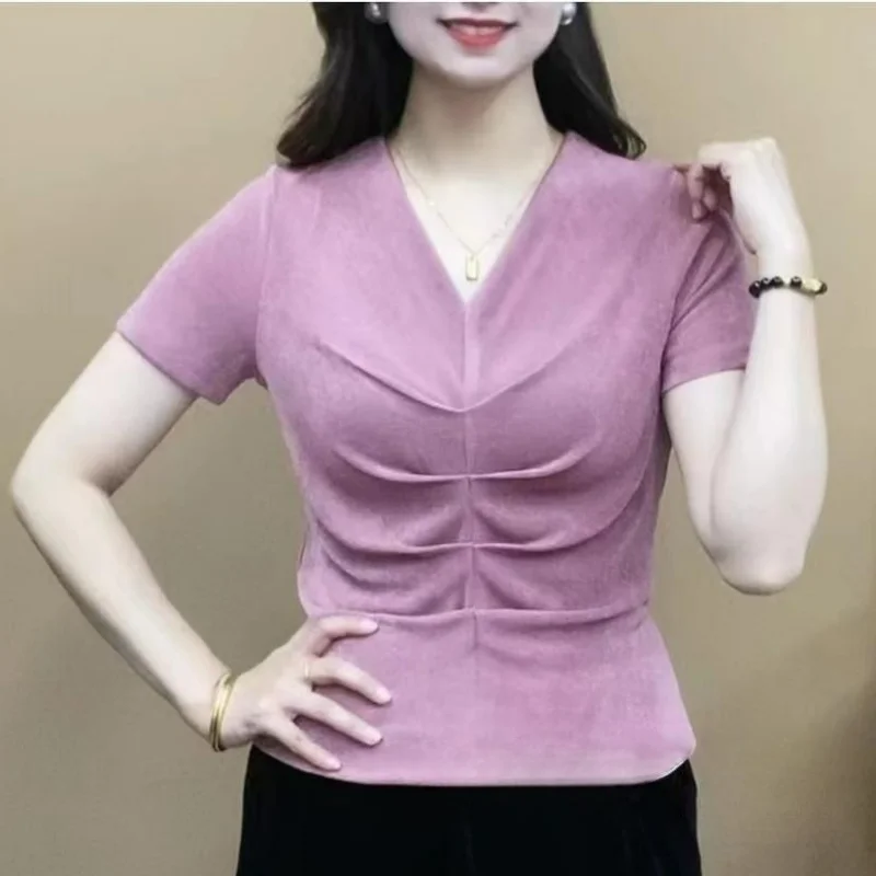 Summer New Korean Fashion Slim V-neck Short Sleeve T-shirt Women Solid Patchwork Folds Temperament Simple Casual Versatile Tops
Summer New Korean Fashion Slim V-neck Short Sleeve T-shirt Women Solid Patchwork Folds Temperament Simple Casual Versatile Tops