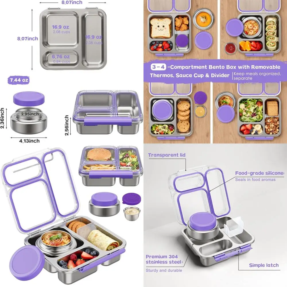 Purple Insulated Stainless Steel Bento Lunch Box with 7oz Food Jar, Removable Divider & Sauce Cup for Kids and Adults
Purple Insulated Stainless Steel Bento Lunch Box with 7oz Food Jar, Removable Divider & Sauce Cup for Kids and Adults