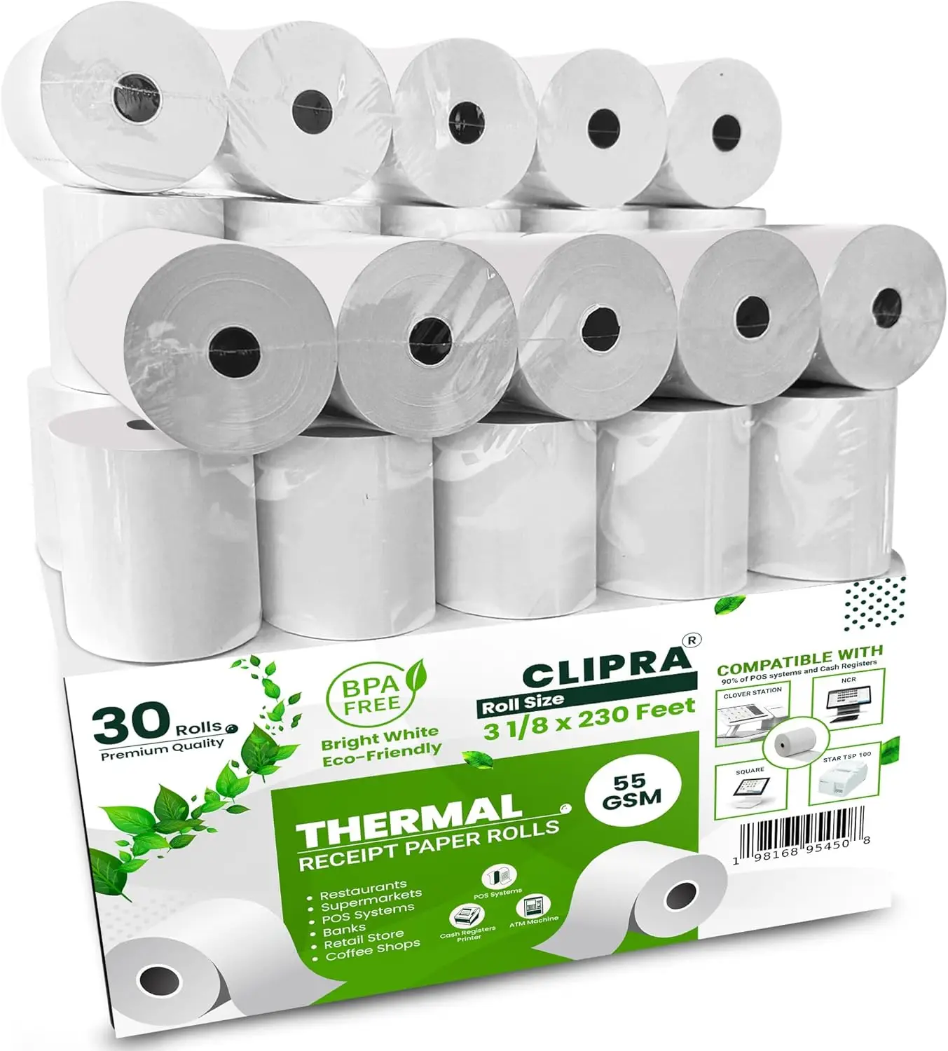 3 1/8 x 230ft Thermal Paper Receipt Rolls (30 Pack) 55 GSM, BPA Free, Compatible with POS Systems
3 1/8 x 230ft Thermal Paper Receipt Rolls (30 Pack) 55 GSM, BPA Free, Compatible with POS Systems