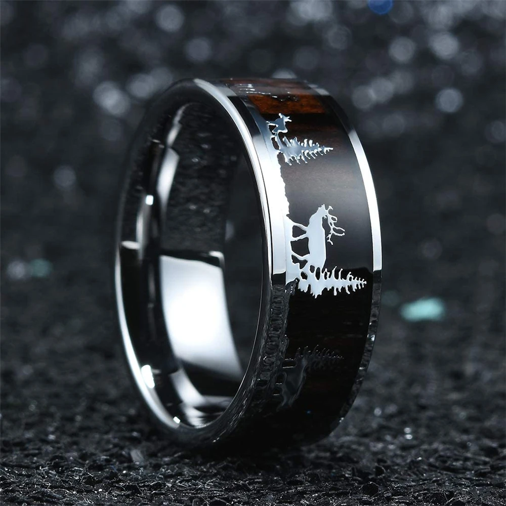 Fashion 8mm Koa Wood Inlay Deer Stag Hunting Silhoue Rings For Men Women Silver Color Men Stainless Steel Rings Wedding Jewelry
Fashion 8mm Koa Wood Inlay Deer Stag Hunting Silhoue Rings For Men Women Silver Color Men Stainless Steel Rings Wedding Jewelry