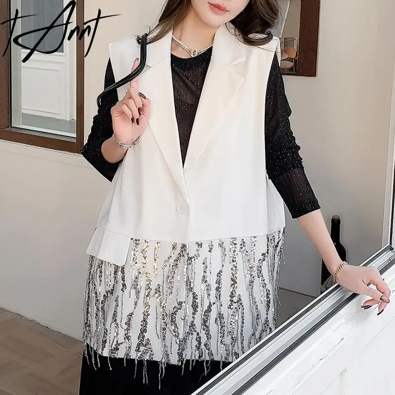 Tannt Women Coat Sequin Patchwork Sleeveless Blazer Overcoat For Women Fashion Black White Vintage Casual Vest Coats 2025 New
Tannt Women Coat Sequin Patchwork Sleeveless Blazer Overcoat For Women Fashion Black White Vintage Casual Vest Coats 2025 New