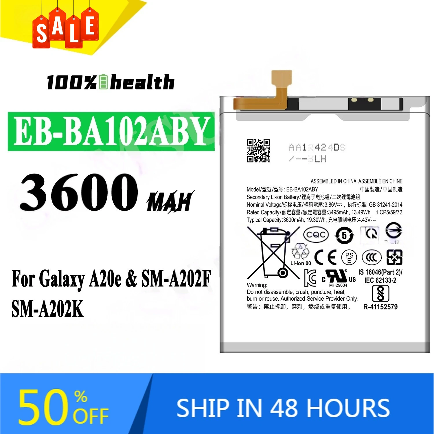 EB-BA102ABY 3600mAh Mobile Phone Battery for Samsung Galaxy A20E SM-A202F SM-A202K Rechargeable battery
EB-BA102ABY 3600mAh Mobile Phone Battery for Samsung Galaxy A20E SM-A202F SM-A202K Rechargeable battery