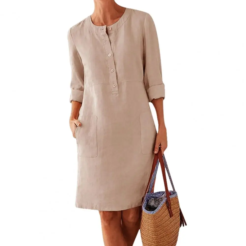 Midi Dress Women's Knee Length Casual Dress with Long Sleeves Round Neck Patch Pocket Solid Color Buttons Loose Fit Fall Spring
Midi Dress Women's Knee Length Casual Dress with Long Sleeves Round Neck Patch Pocket Solid Color Buttons Loose Fit Fall Spring