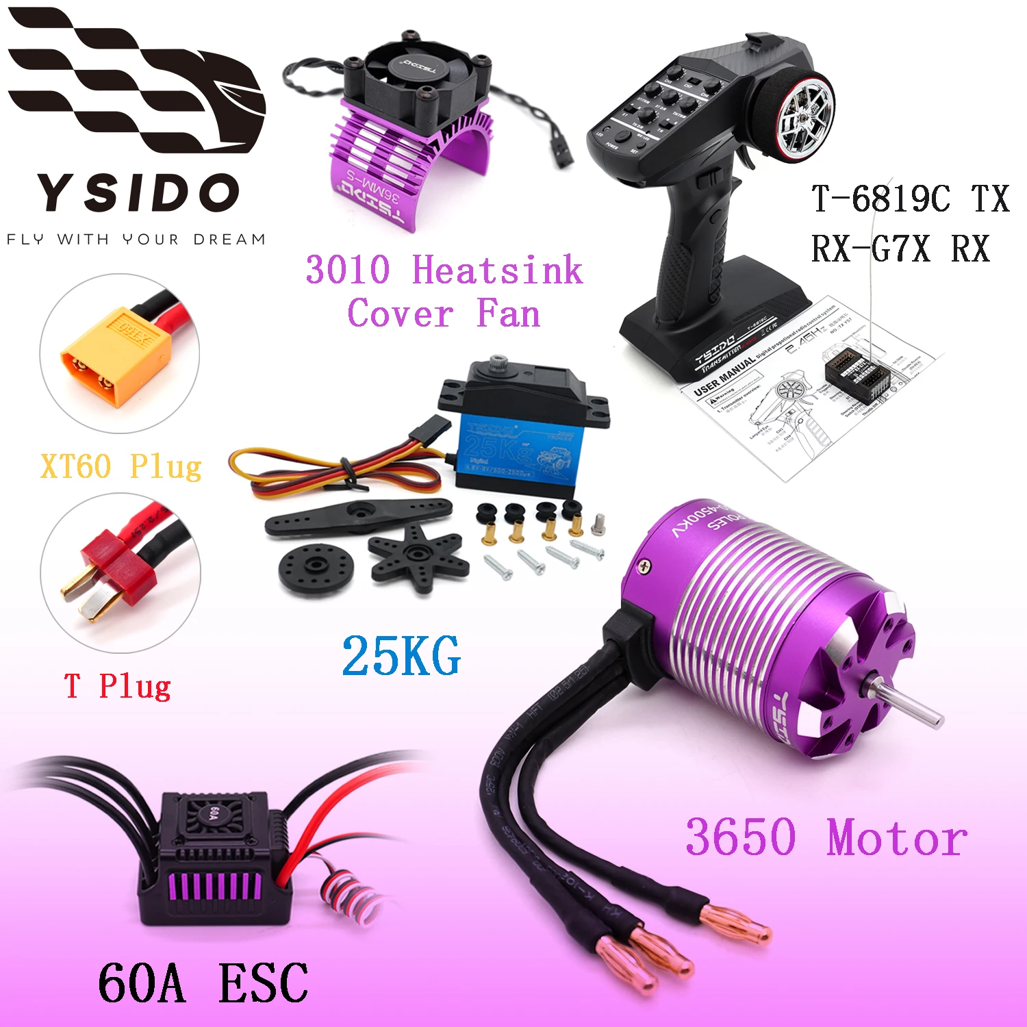 YSIDO 3650 Brushless Motor 60A ESC 2.4G 7CH Transmitter with RX-G7X 3010 Cooling Fan 25KG Servo Combo Set for 1/10 1/12 RC Cars
YSIDO 3650 Brushless Motor 60A ESC 2.4G 7CH Transmitter with RX-G7X 3010 Cooling Fan 25KG Servo Combo Set for 1/10 1/12 RC Cars