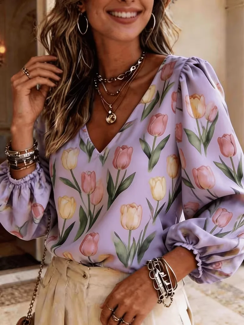 Women's Elegant V-Neck Long Sleeve Shirt Tulip Print Design Spring Summer Autumn Winter Casual Commute Fashionable Top
Women's Elegant V-Neck Long Sleeve Shirt Tulip Print Design Spring Summer Autumn Winter Casual Commute Fashionable Top