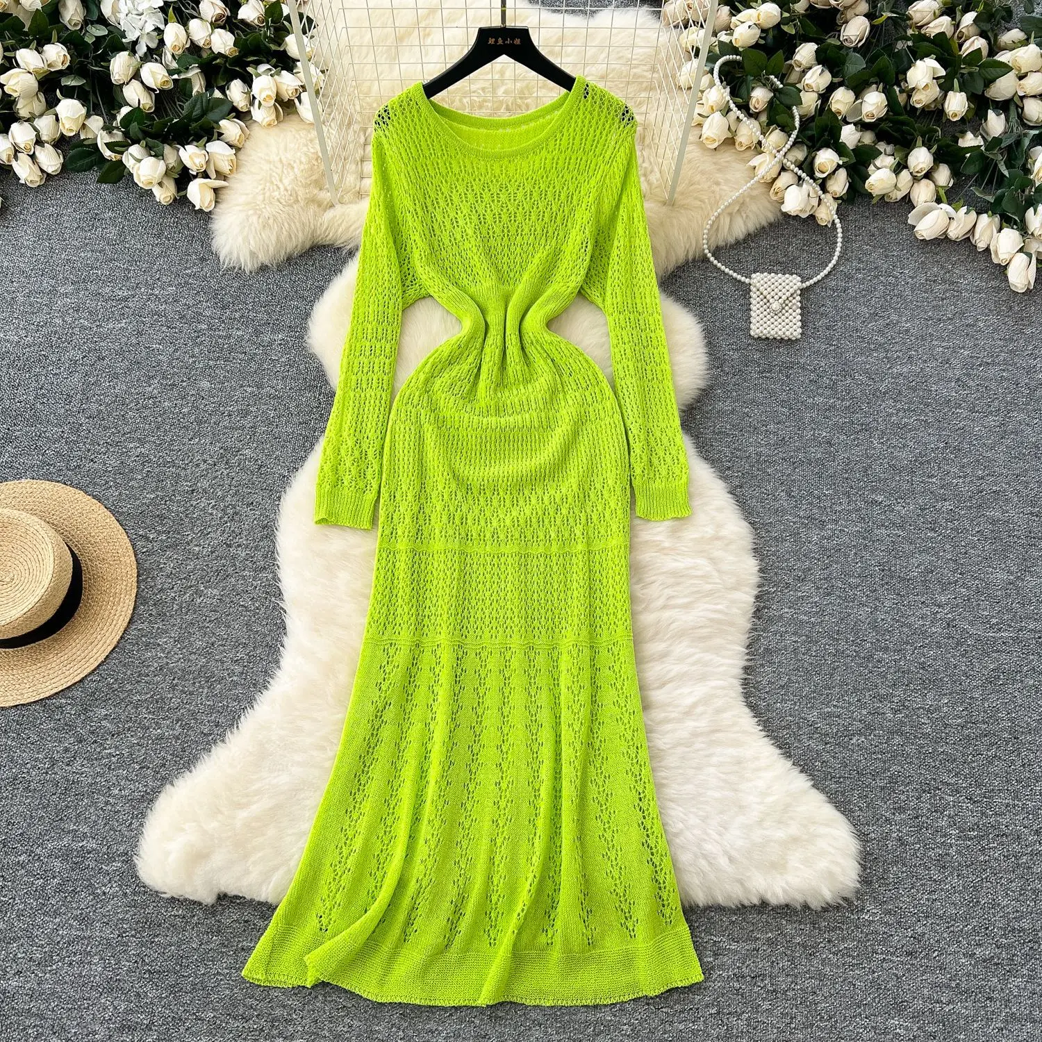 Women Knit Dress Slim Autumn Round Neck Full Sleeve White Long Dresses Hollow Out Spliced Cinched Waist Casual Vestidos 2025
Women Knit Dress Slim Autumn Round Neck Full Sleeve White Long Dresses Hollow Out Spliced Cinched Waist Casual Vestidos 2025