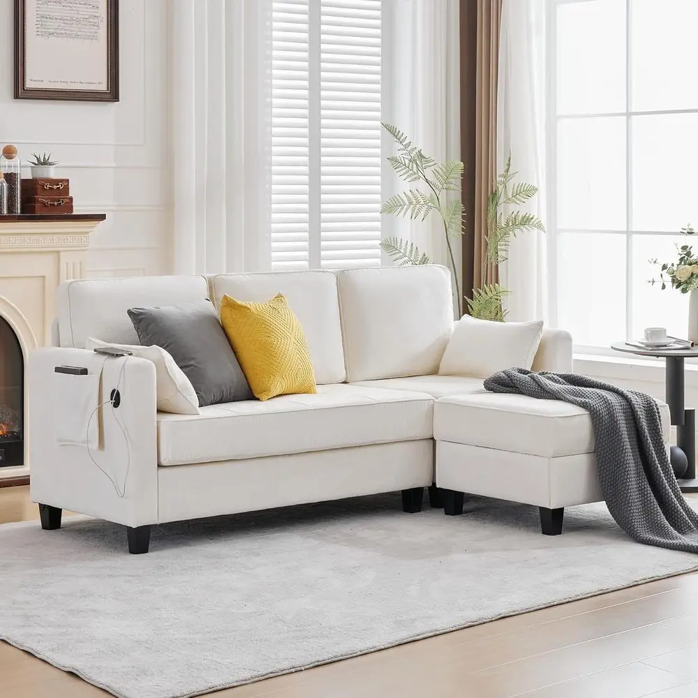 80 L-Shaped Sectional Sofa with Storage, Chaise, Ottoman & USB Ports in White Chenille Fabric
80 L-Shaped Sectional Sofa with Storage, Chaise, Ottoman & USB Ports in White Chenille Fabric
