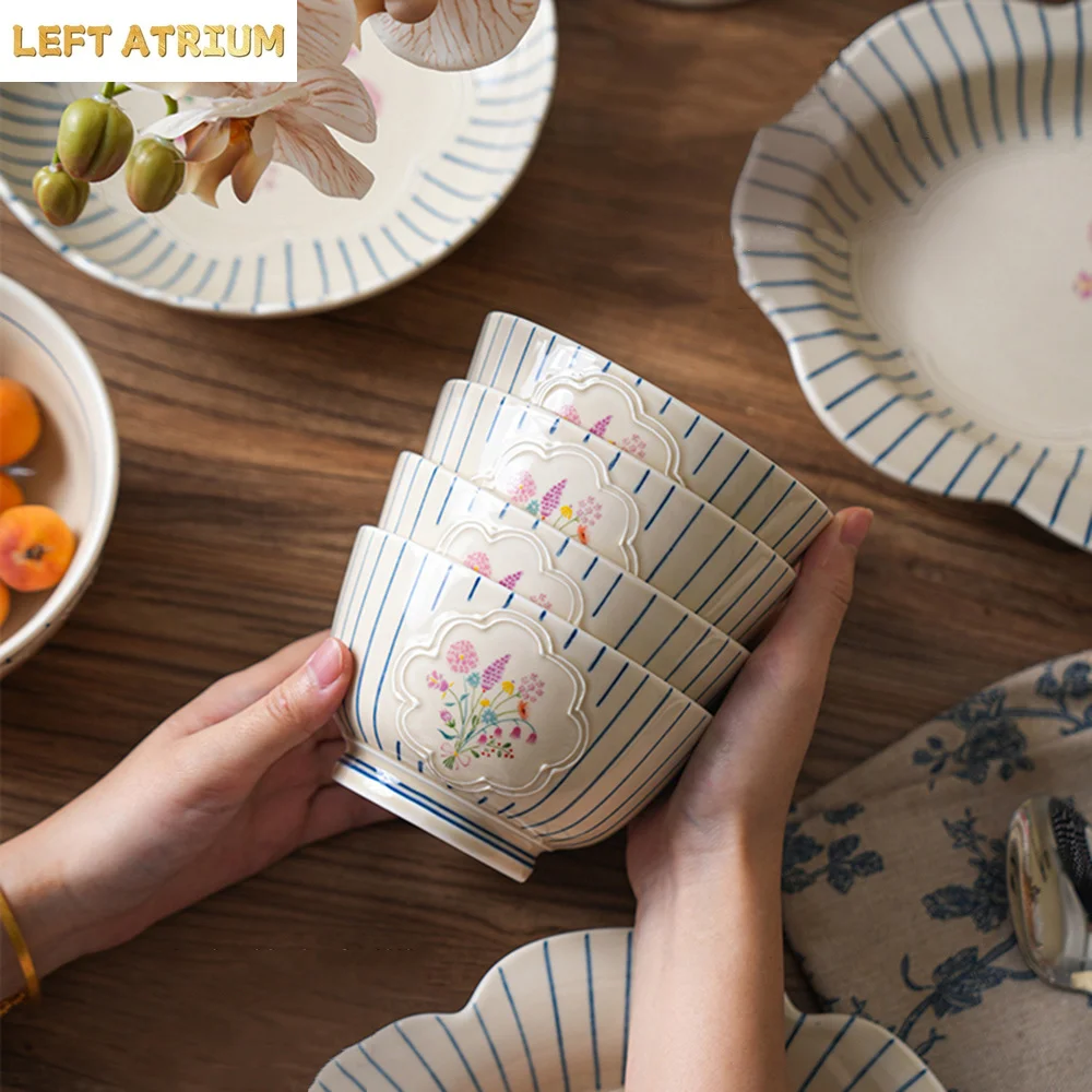 Striped Floral Bowls Tableware Sets Durable Ceramic Rice Bowl Blue Thread Flower Shape Serving Plate Household Porcelain Plate
Striped Floral Bowls Tableware Sets Durable Ceramic Rice Bowl Blue Thread Flower Shape Serving Plate Household Porcelain Plate