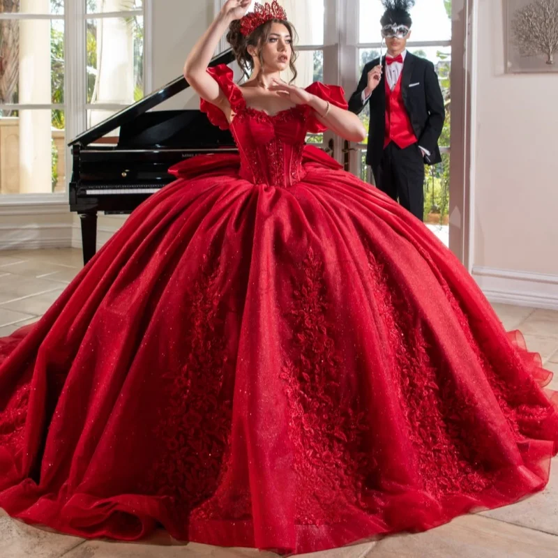 Shiny Red Quinceanera Dress off-shoulder Glitter Decal 3D Flower Long tail Bow vestidos de 15 Quinceanera Customize
Shiny Red Quinceanera Dress off-shoulder Glitter Decal 3D Flower Long tail Bow vestidos de 15 Quinceanera Customize